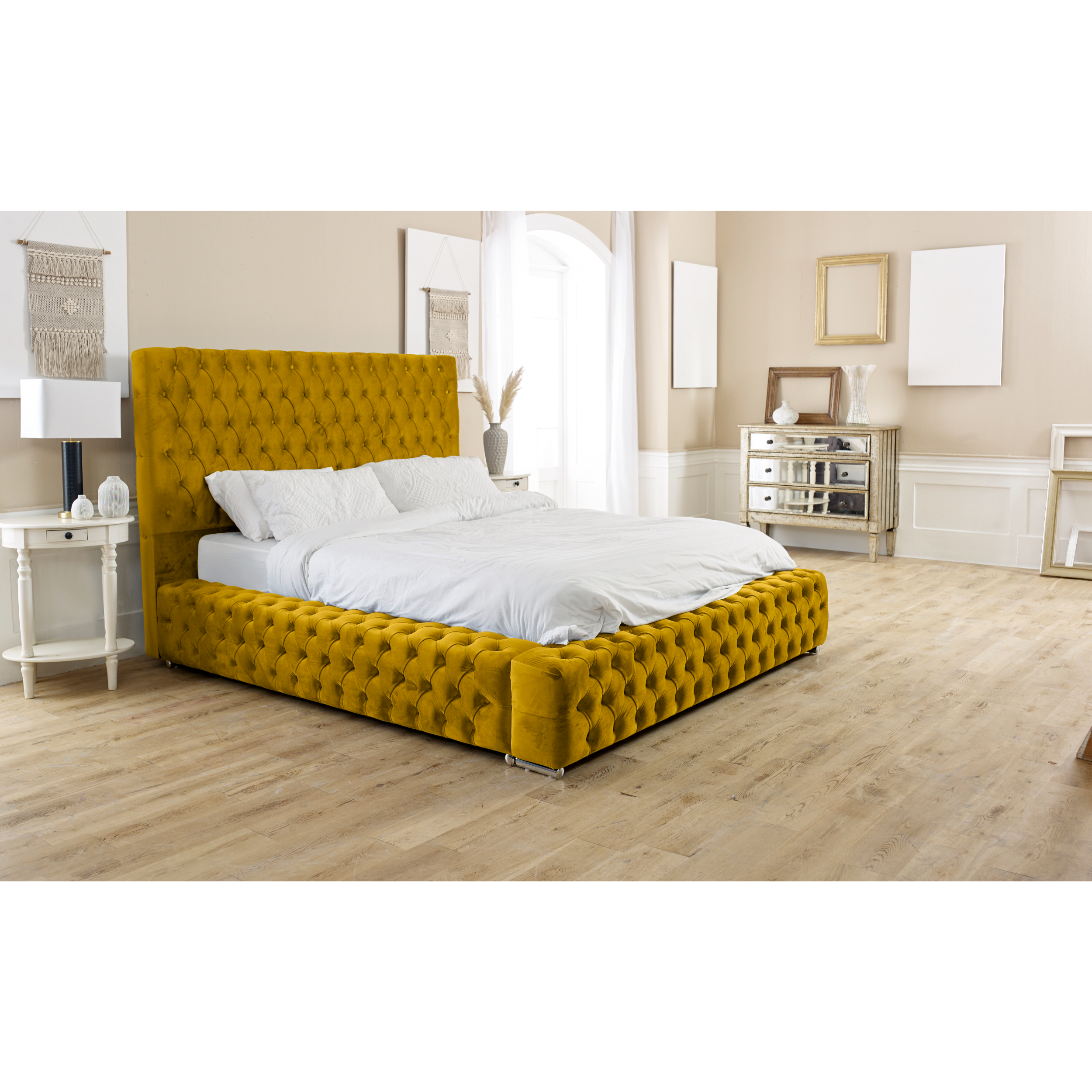 Enigma-Plush-Bed-Frame-Mustard-Gold