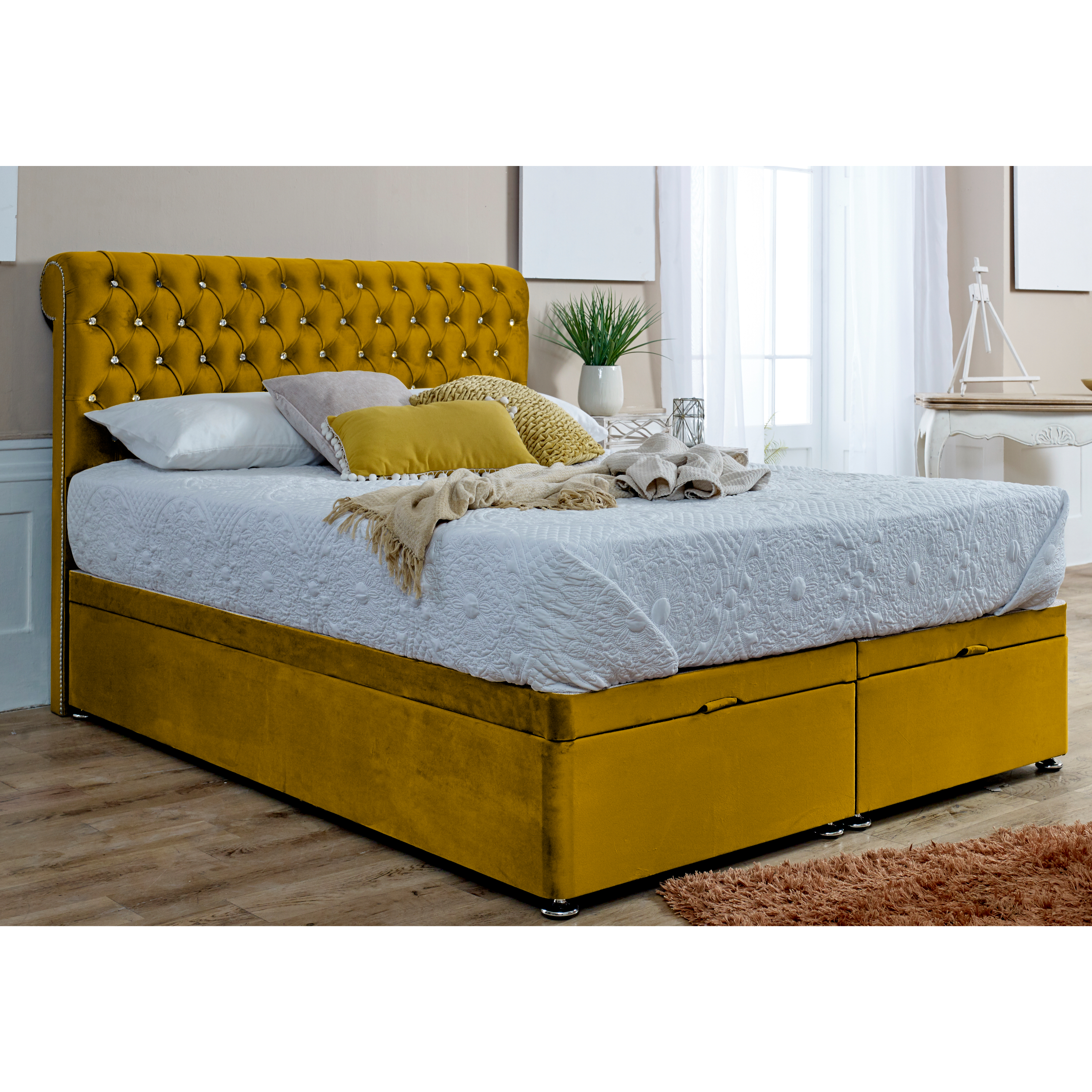Santino-Divan-Ottoman-with-matching-Footboard-Bed-Frame-Mustard-Gold